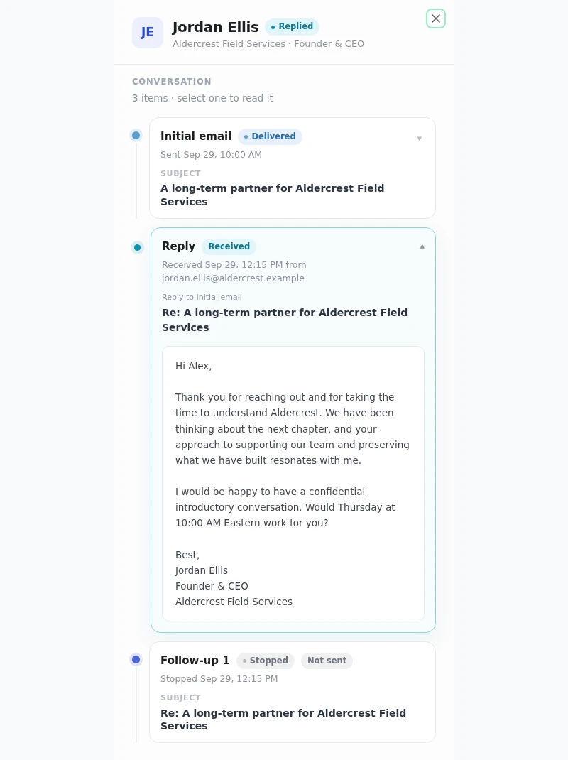 Owner reply requesting an introductory conversation, with the next follow-up stopped