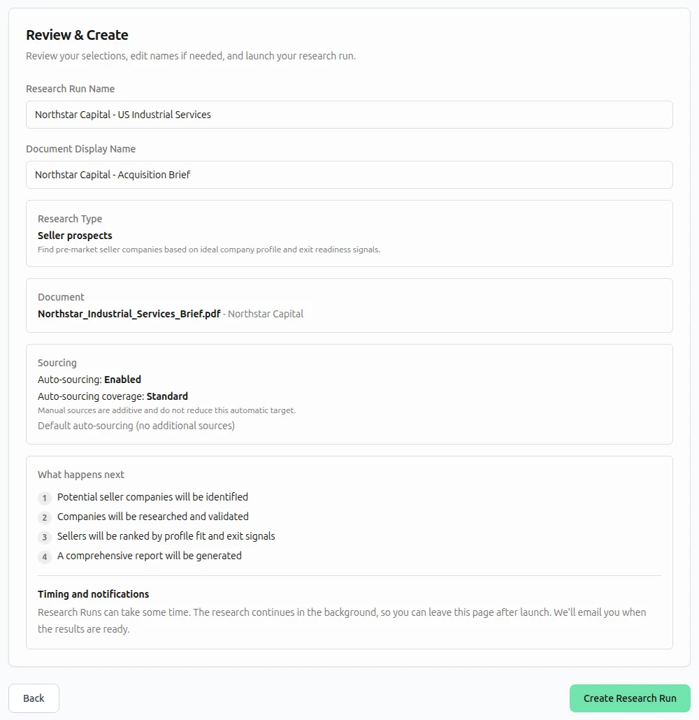 Review the research setup and create the research run